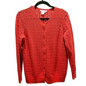 WinterSilks Silk Cotton Lace Knit Cardigan Red Orange Button Front Women’s L